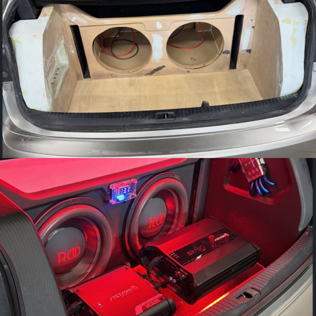 Before and after of a trunk sound build: raw MDF enclosure on top, finished install with subwoofers, amplifiers and red lighting below