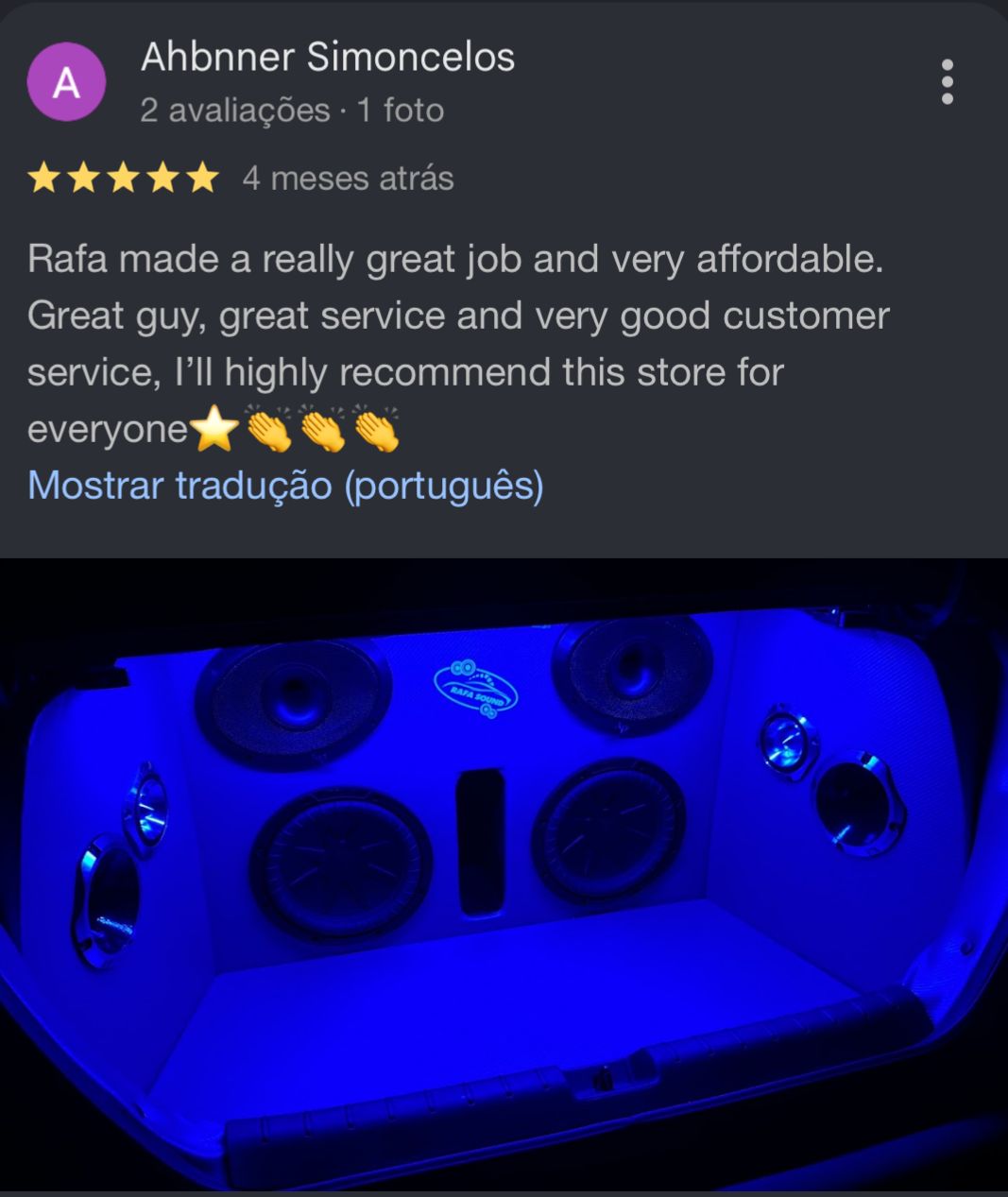 Five-star Google review from Ahbnner Simoncelos with a photo of the finished install
