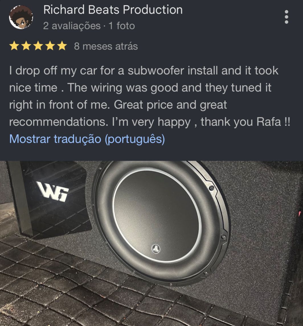 Five-star Google review from Richard Beats Production with a photo of the finished subwoofer